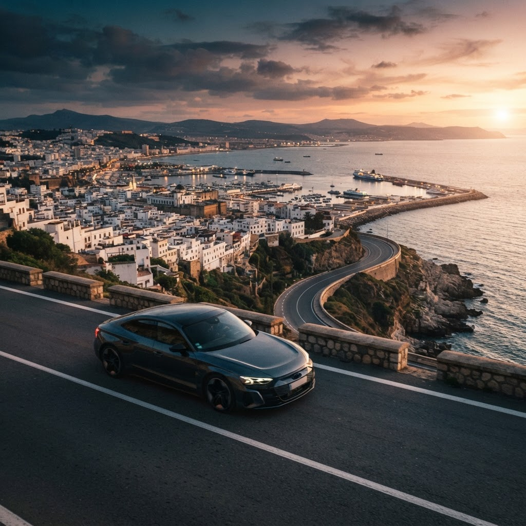 Voiture de location sur la corniche de Tanger au coucher du soleil