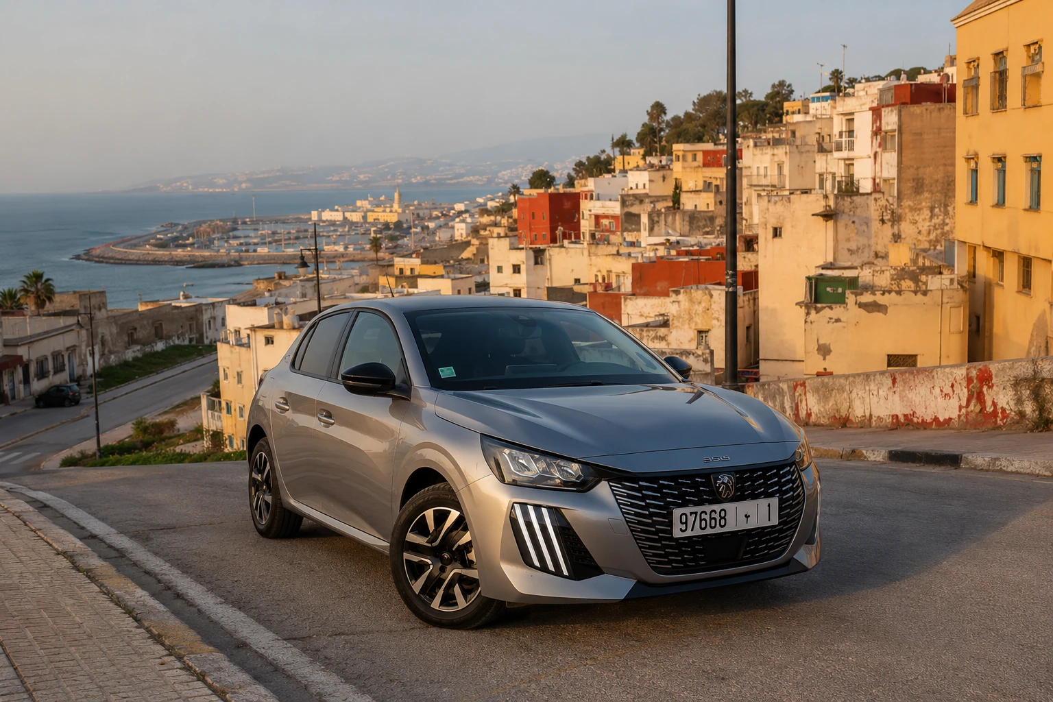 Peugeot 208 de location dans un environnement urbain de Charf à Tanger