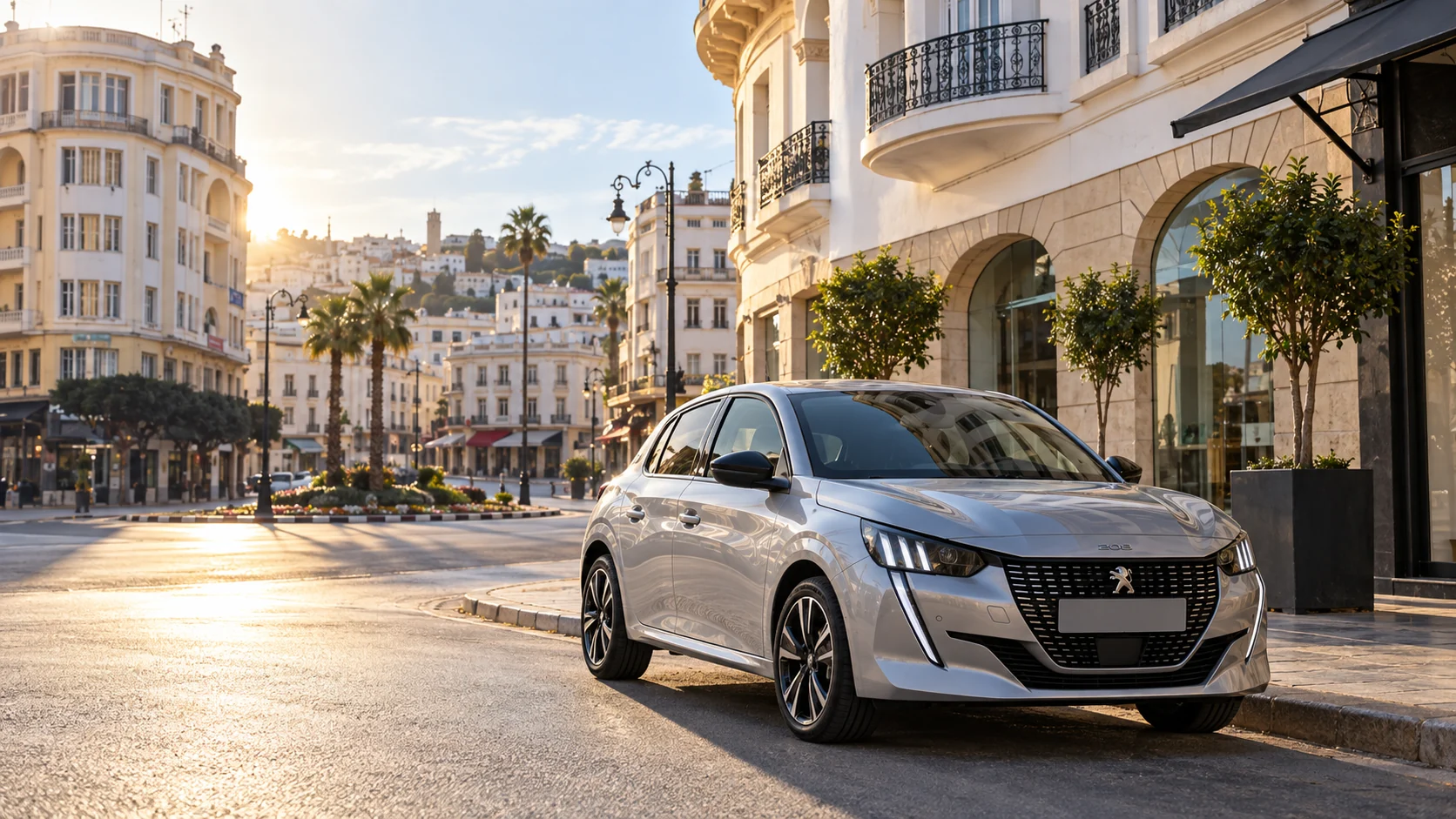 Peugeot 208 de location dans le centre de Tanger près de la rue de la Liberté