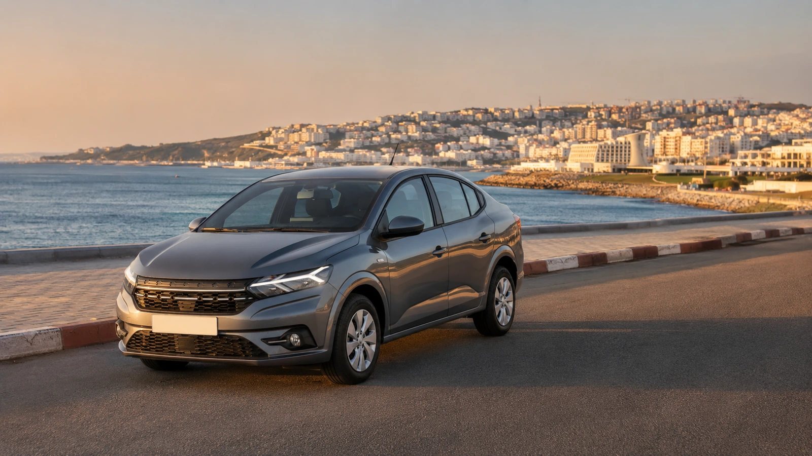Dacia Logan de location sur la Corniche de Tanger au coucher du soleil