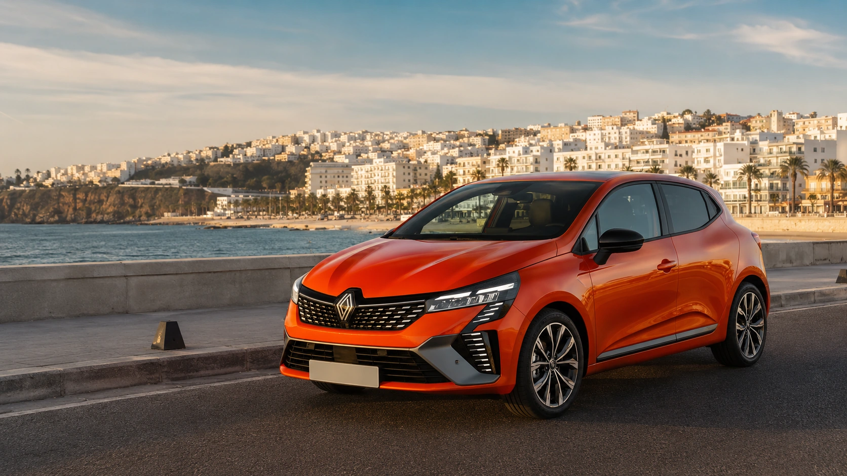 Renault Clio 5 de location sur la Corniche de Tanger au coucher du soleil