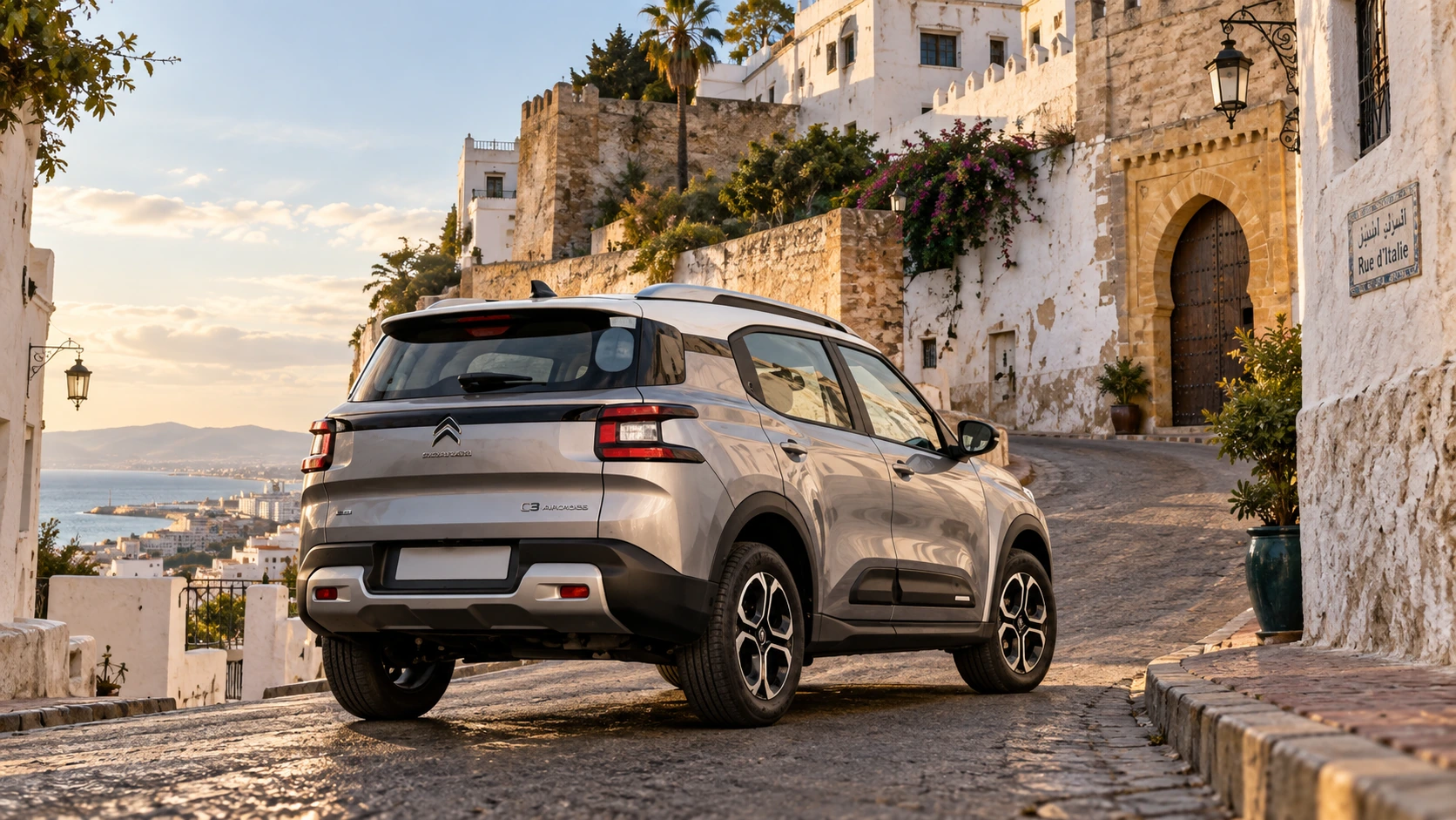 Citroën C3 Aircross de location sur la montée vers la Kasbah de Tanger