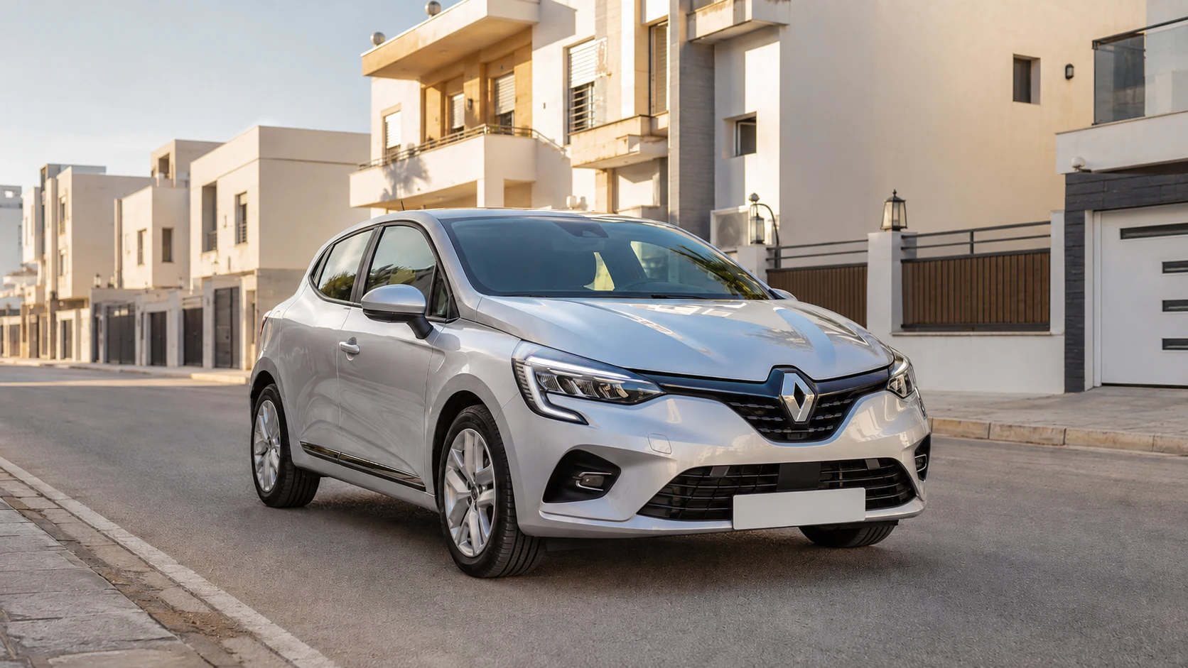 Renault Clio 5 de location à Bassatine Tanger dans une rue résidentielle