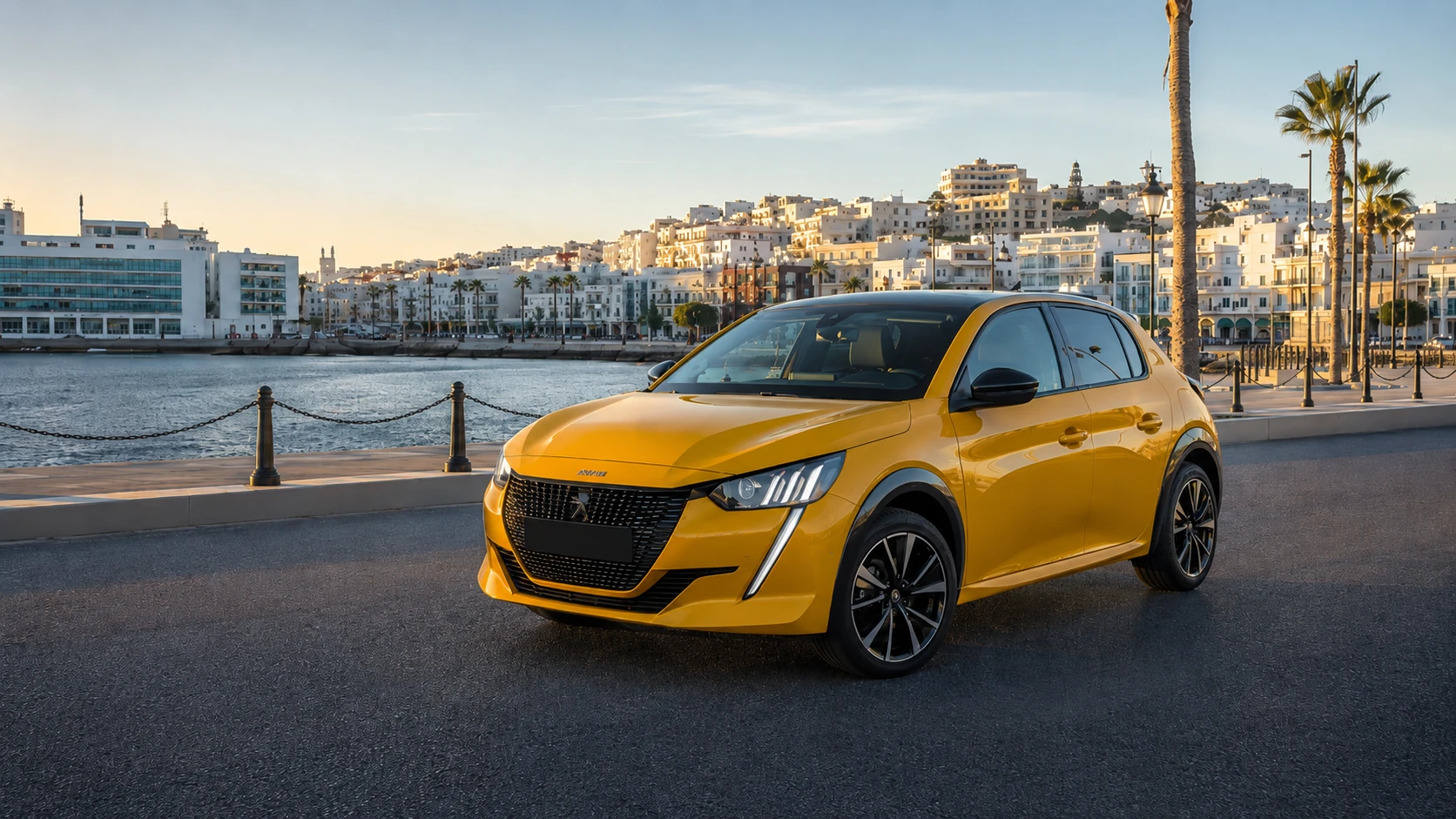 Peugeot 208 hybride en location courte durée sur la Corniche de Tanger