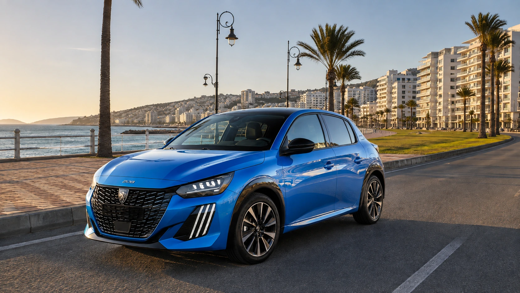 Peugeot 208 hybride de location sur la Corniche de Tanger