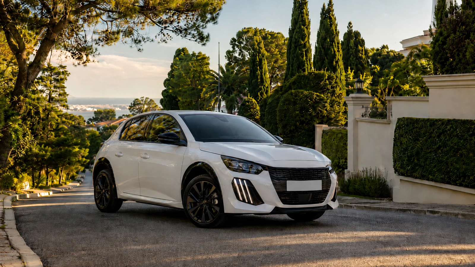 Peugeot 208 hybride de location sur les hauteurs verdoyantes de Jebel Kebir à Tanger