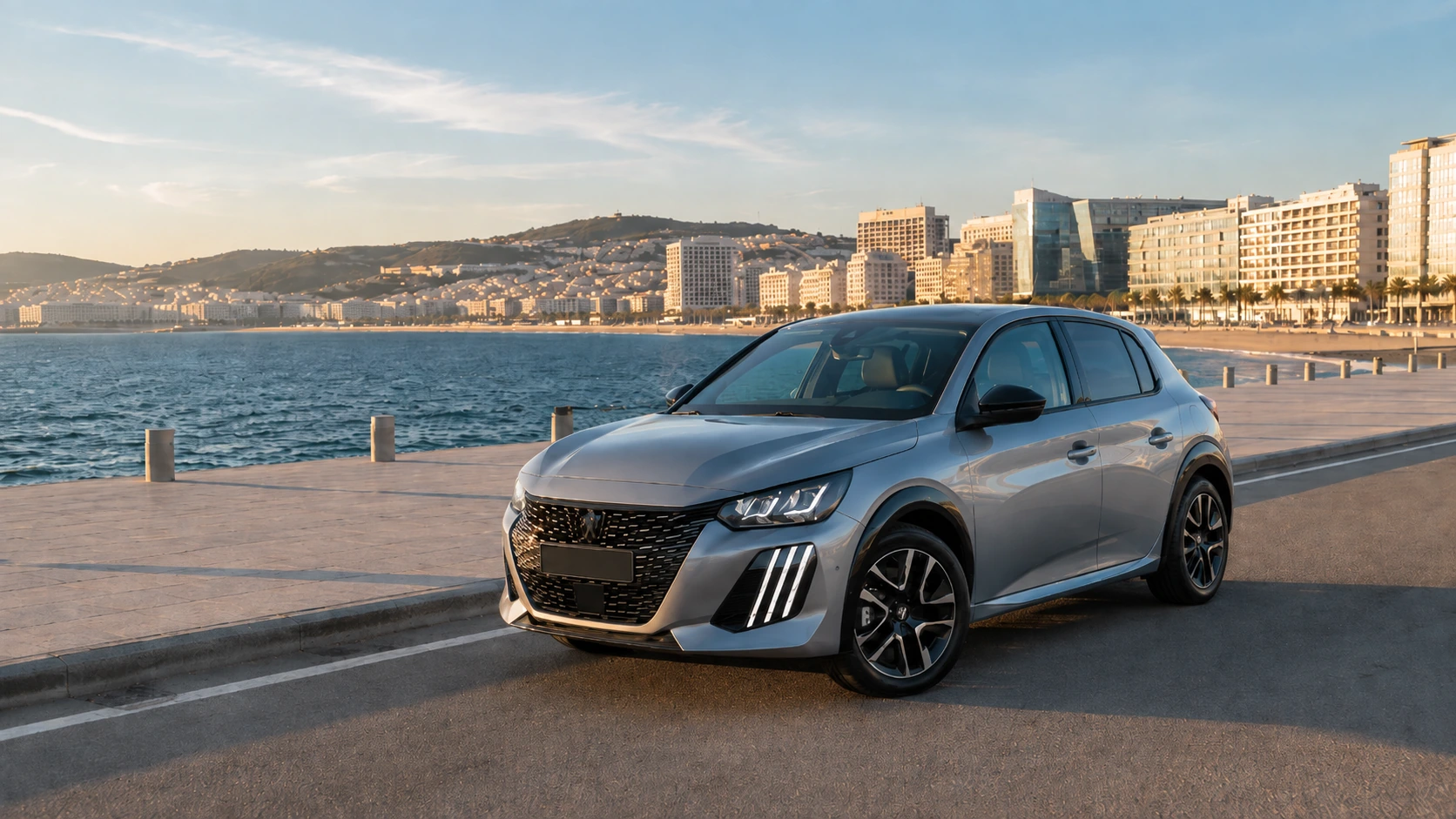 Peugeot 208 hybride récente en location sur la Corniche de Tanger
