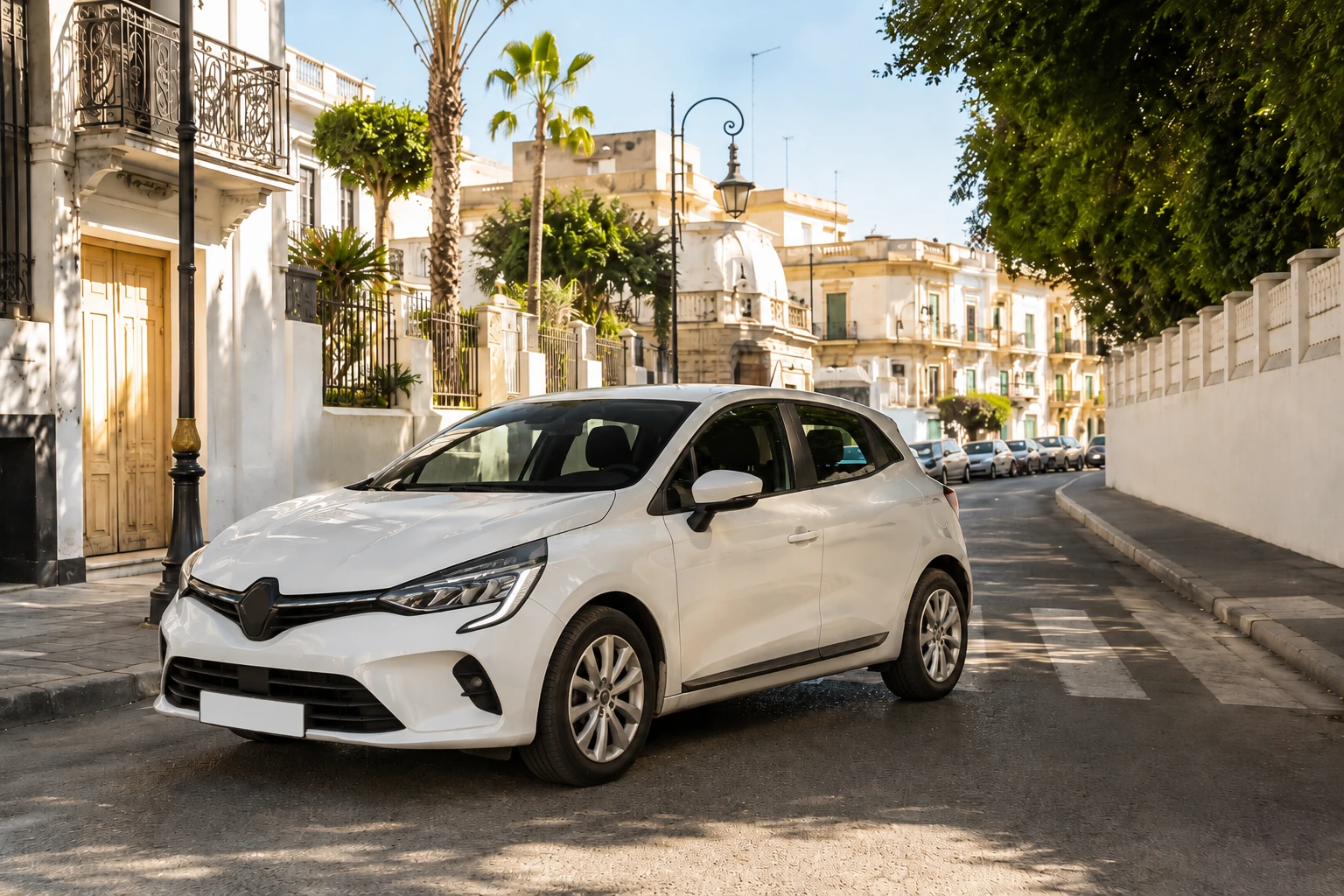Citadine blanche de location FOURM CAR dans une rue de Tanger