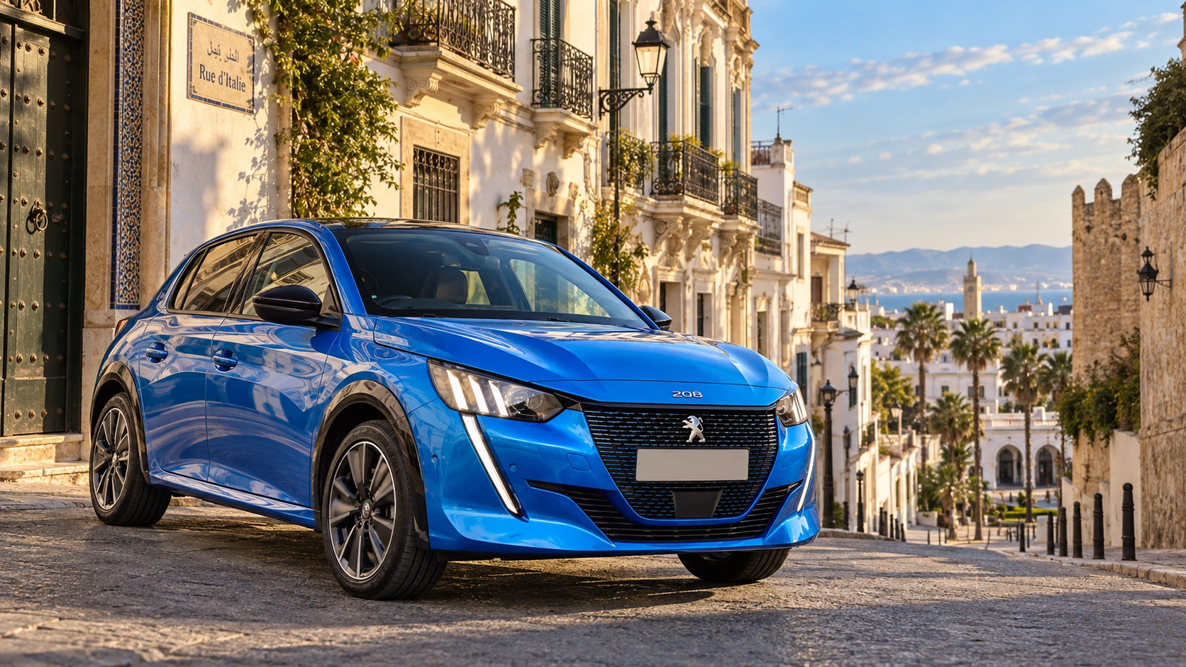 Peugeot 208 de location sur la rue d’Italie dans le centre historique de Tanger