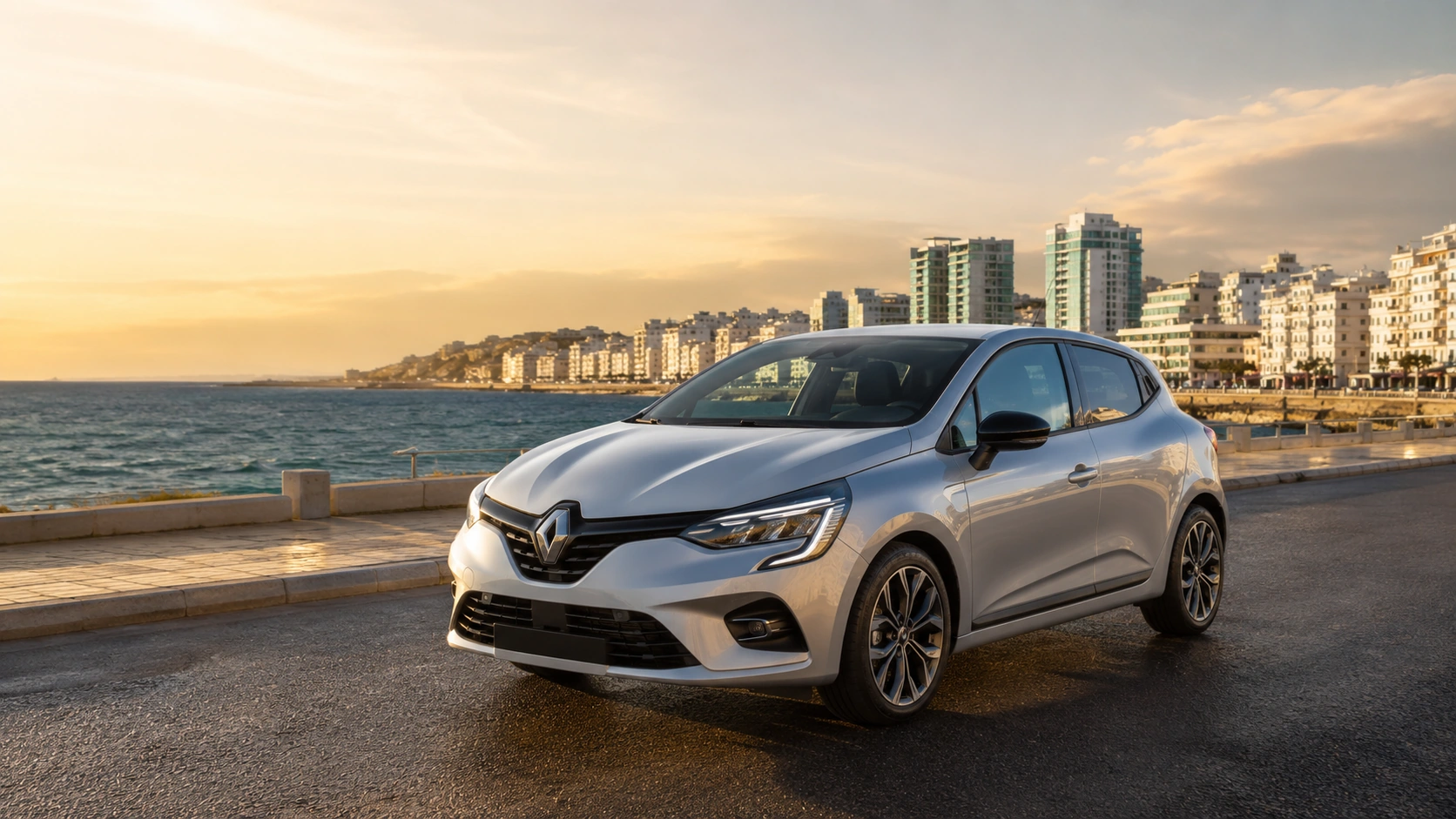 Renault Clio 5 de location sur la Corniche de Tanger pour un séjour touristique